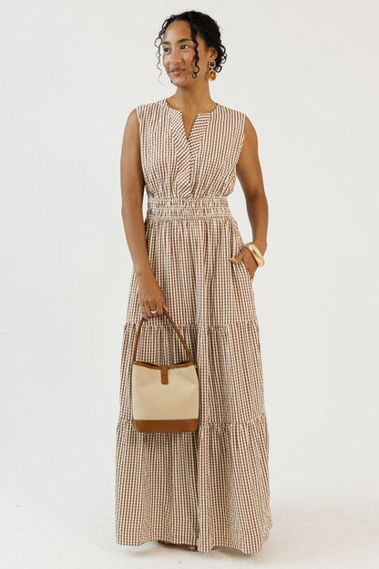 Mocha Gingham Checkered Maxi Dress