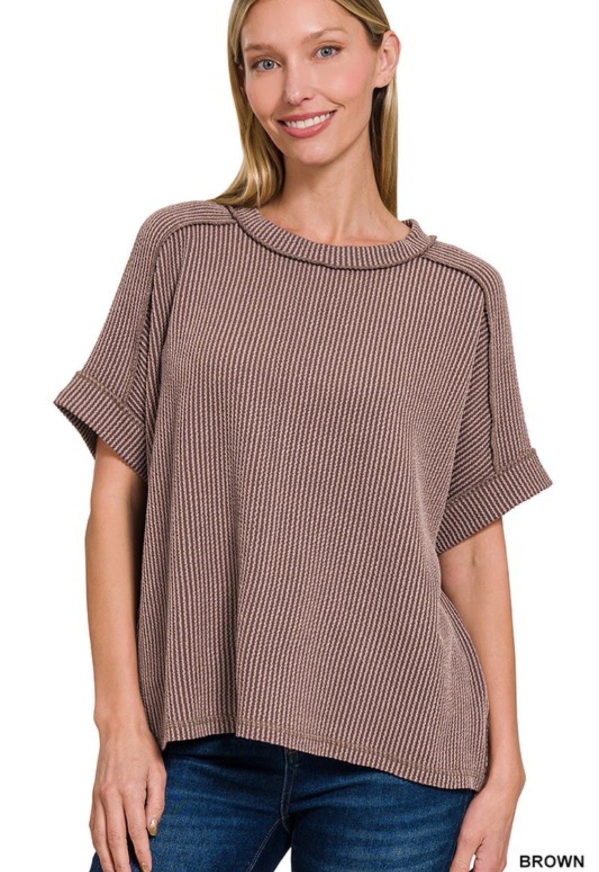 Corded Ribbed Cuffed Sleeve Top Mocha