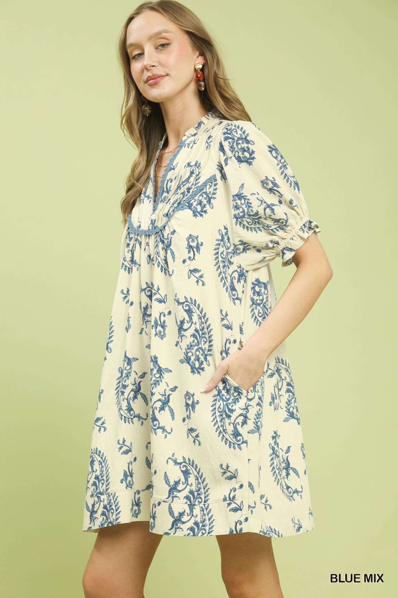 UMGEE Paisley Scallop Trim Dress Blue Mix