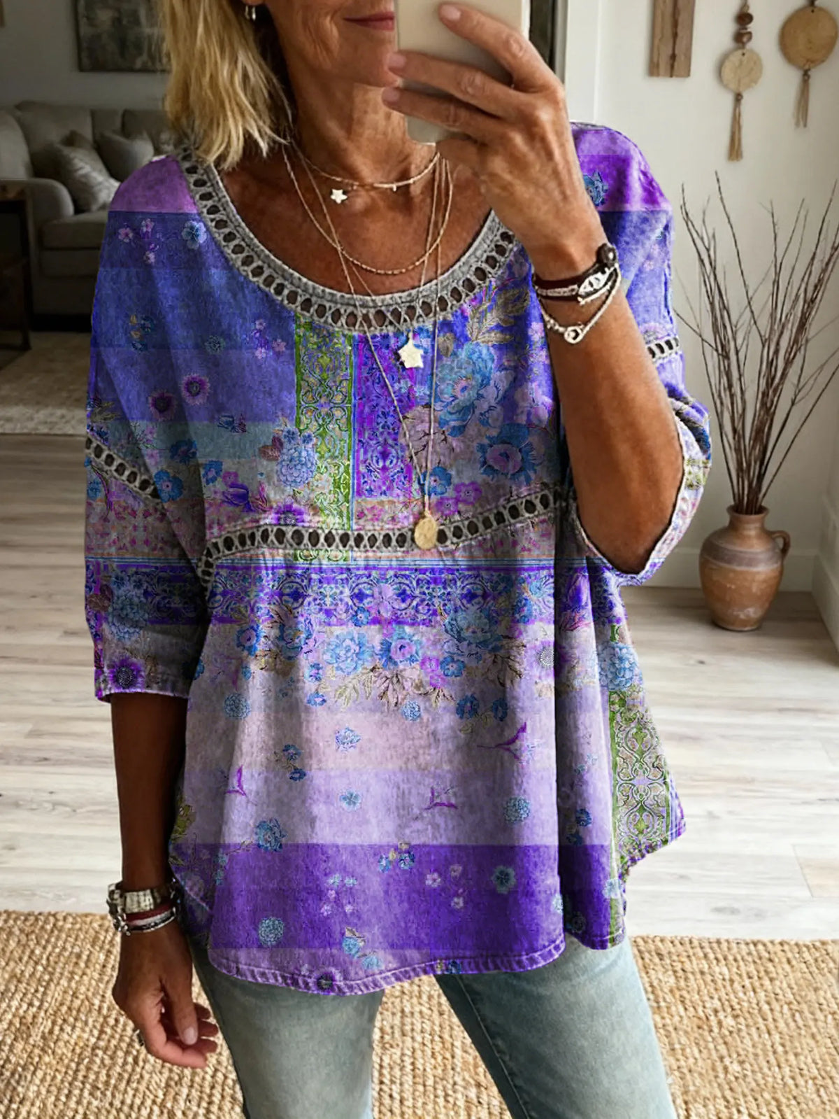 Women's Floral Pattern Art Print Casual V-neck Lace-up Top
