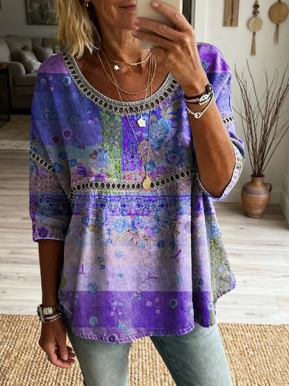 Women's Floral Pattern Art Print Casual V-neck Lace-up Top