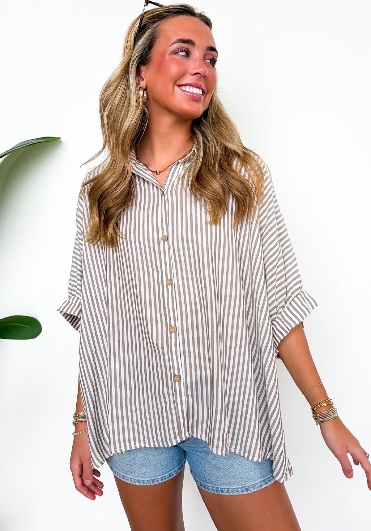 Lucky Stripes Oversized Button Up Brown Stripe