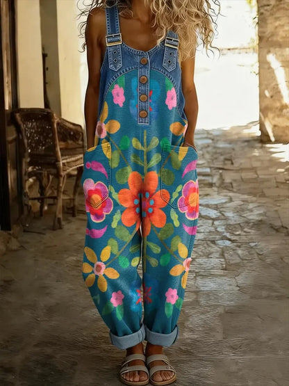 Women's Floral Art Print Patchwork Denim Overalls