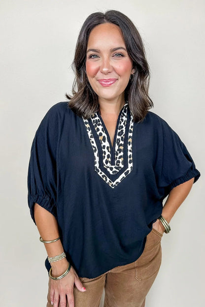 Black Leopard Trim Top