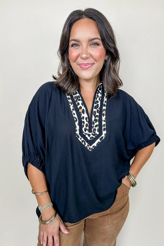 Black Leopard Trim Top