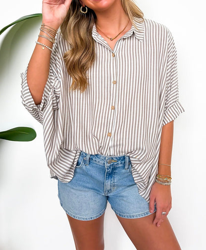 Lucky Stripes Oversized Button Up Mocha Stripe
