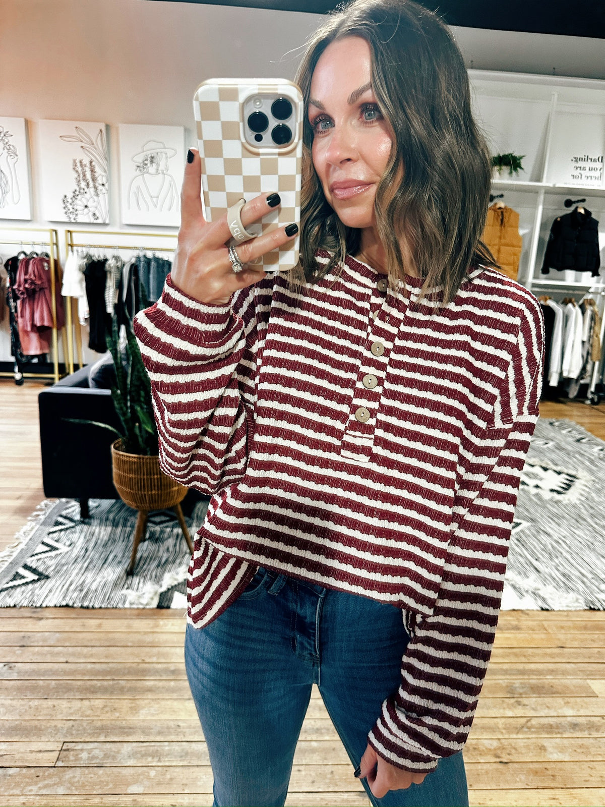 Textured Stripe Henley Top Dark Red