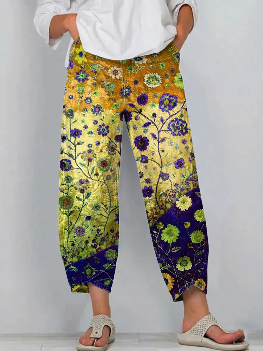 Women's Vintage Floral Art Print Jeans-1
