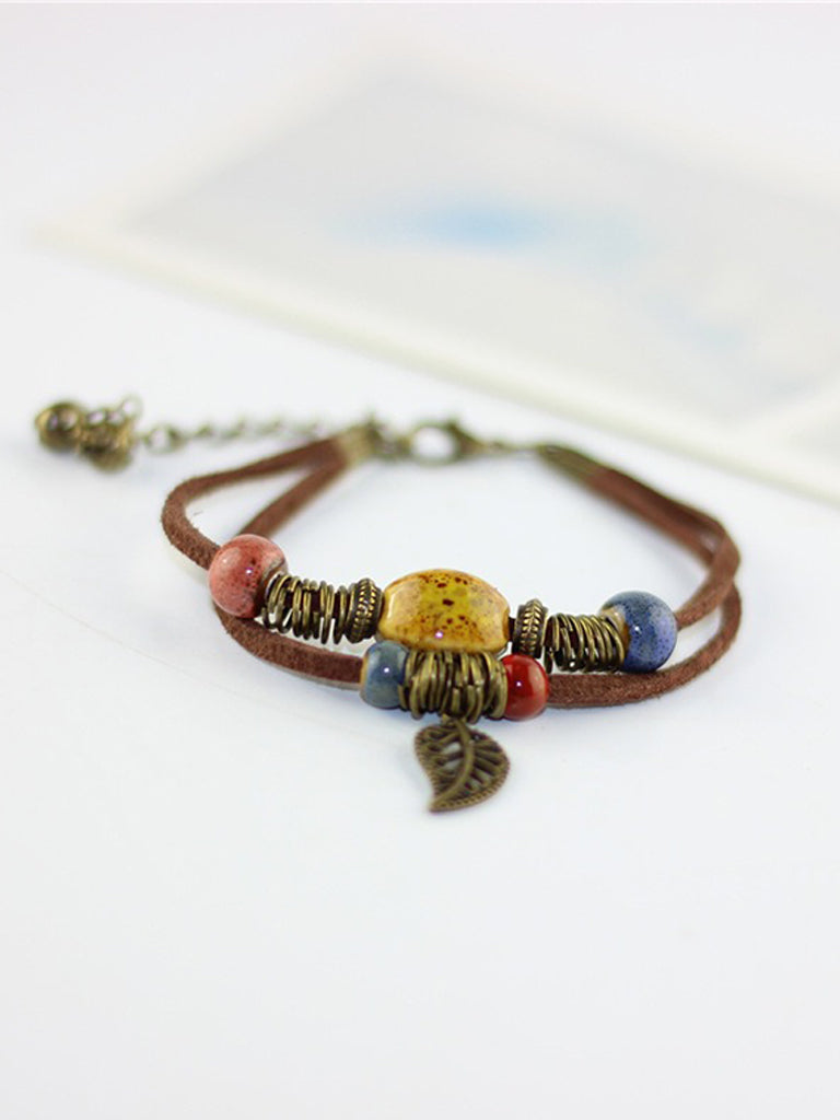 Simple Cowhide Rope Ceramic Kiln-changed Bead Bracelet Bohemian Couple Jewelry