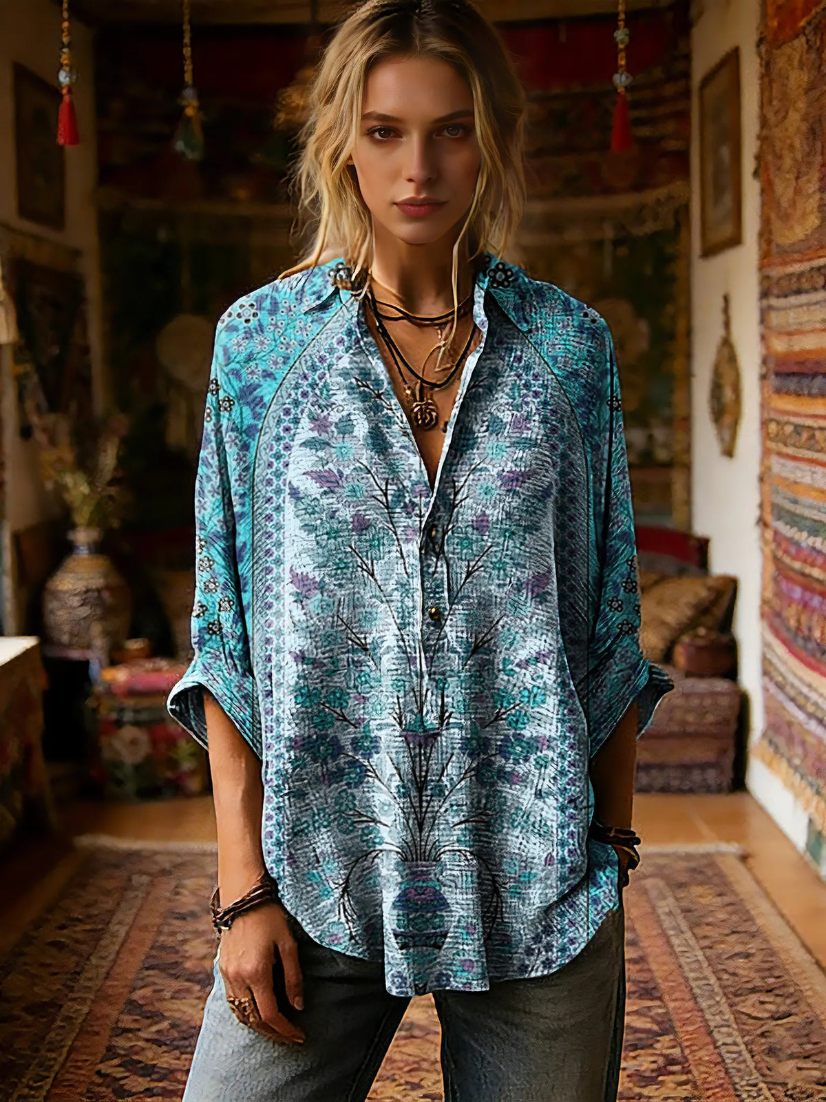 Women's Vintage Ethnic Floral Pattern Art Print Casual Long-sleeve Shirt