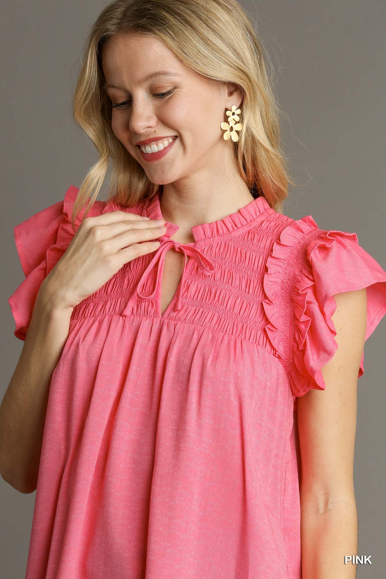 UMGEE Ruffle Sleeve Top Coral Pink