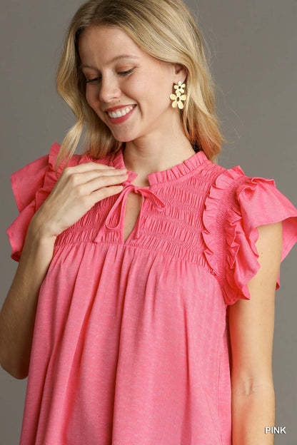 UMGEE Ruffle Sleeve Top Coral Pink