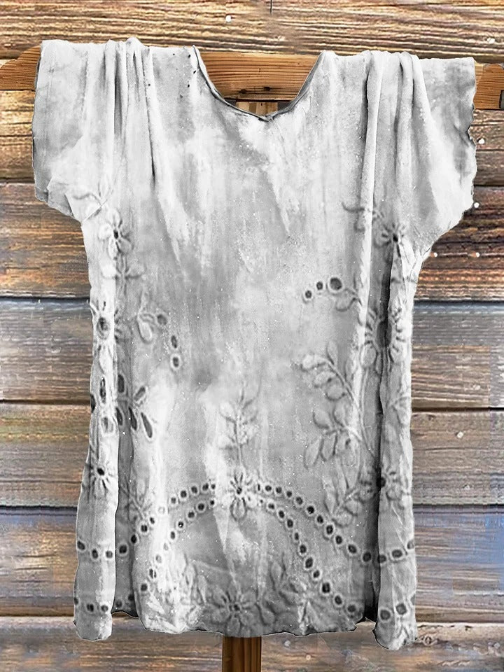 Women's Vintage Floral Texture Patterns Print V-neck Casual T-Shirt