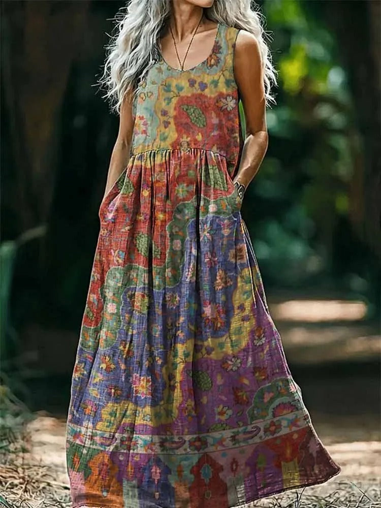 Women's Boho Floral Wave Collage Art Printed Cotton And Linen Casual Pants