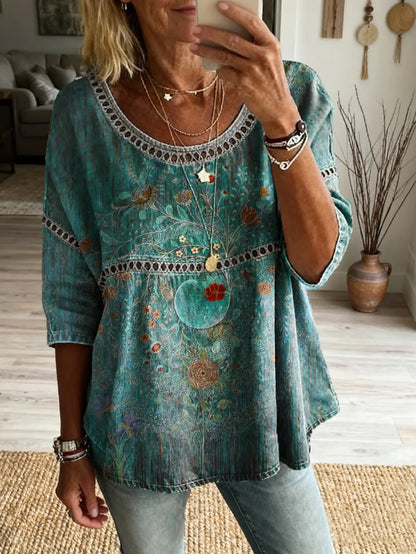 Women's Bohemian Floral Heart Art Print Casual Round Neck Hollow Out Top