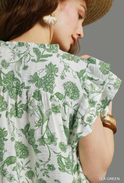 UMGEE Sage Floral Ruffle Sleeve Top