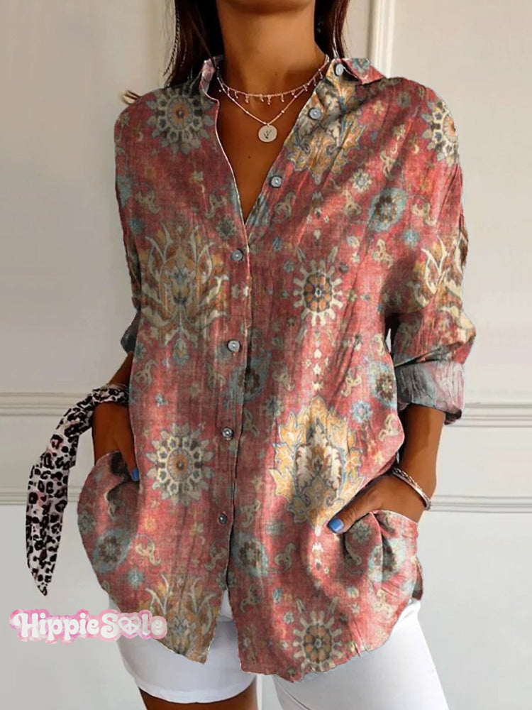 Women's Ethnic Style Print Casual Long Sleeve Comfortable Cotton Shirt