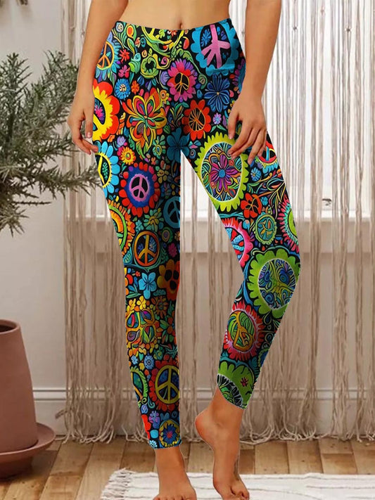 Women's Hippie Peace Floral Power Print Stretch Leggings