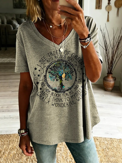Trees Of Green Wonderful World Hippie Women's V-neck Print Casual T-shirt