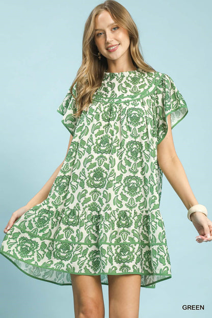 UMGEE Green Abstract Print Ruffle Dress