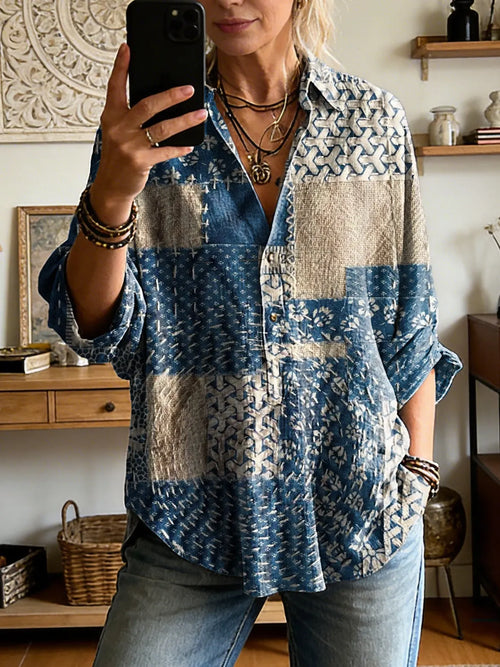 Women's Floral Patchwork Art Print Casual Long-sleeve Shirt