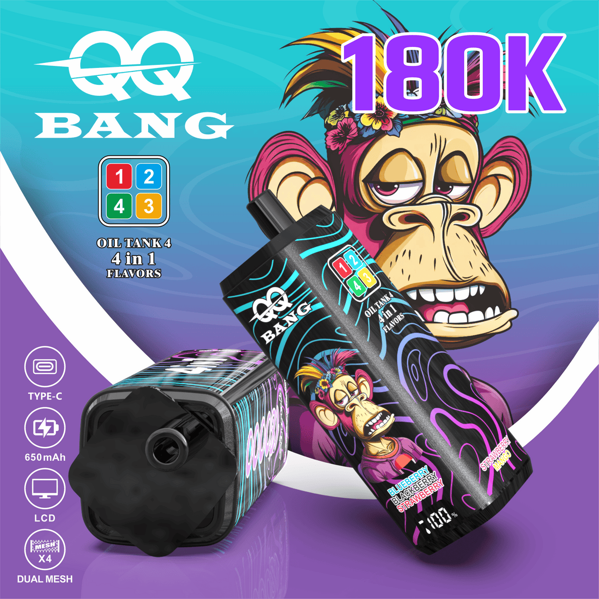 QQ Bang 180000 180K Puffs 4 In 1 Flavors LCD Display Rechargeable Disposable Vape