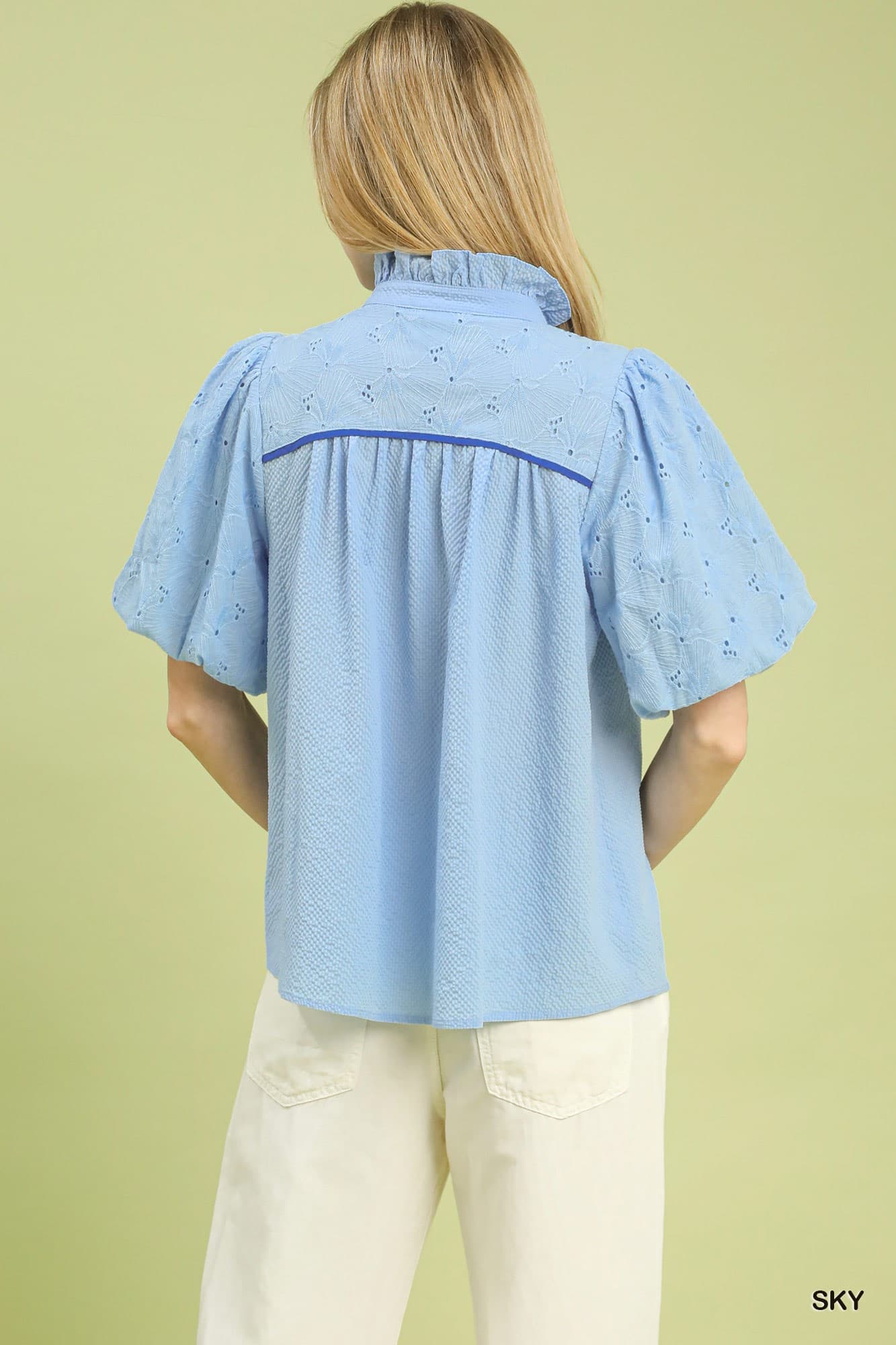 UMGEE Puff Sleeve Eyelet Top Sky Blue