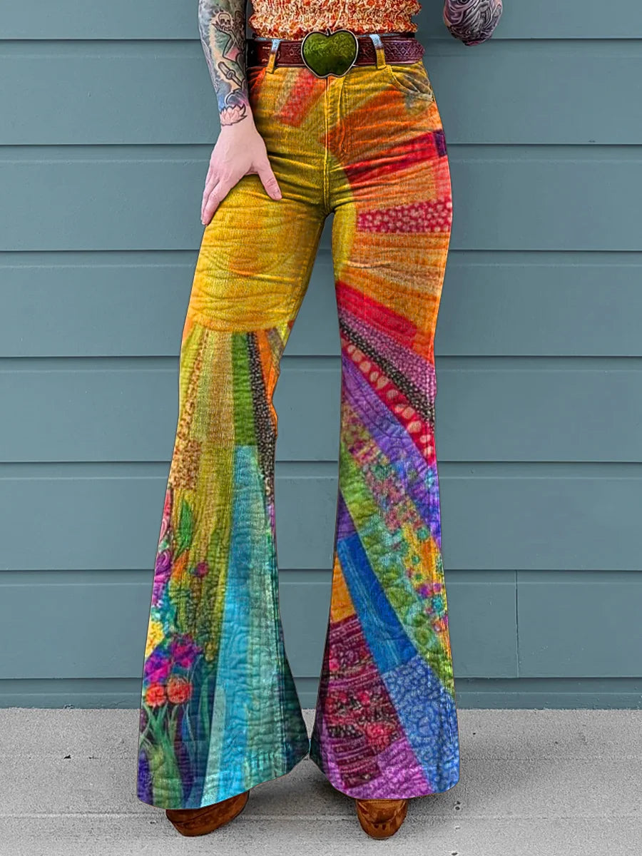 Women's Vintage Collage Art Print Casual Wide Leg Pants