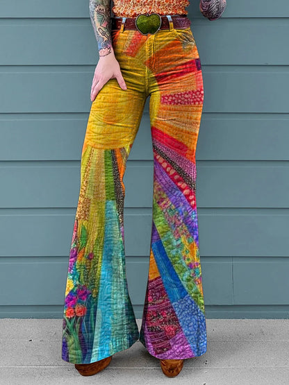 Women's Vintage Collage Art Print Casual Wide Leg Pants