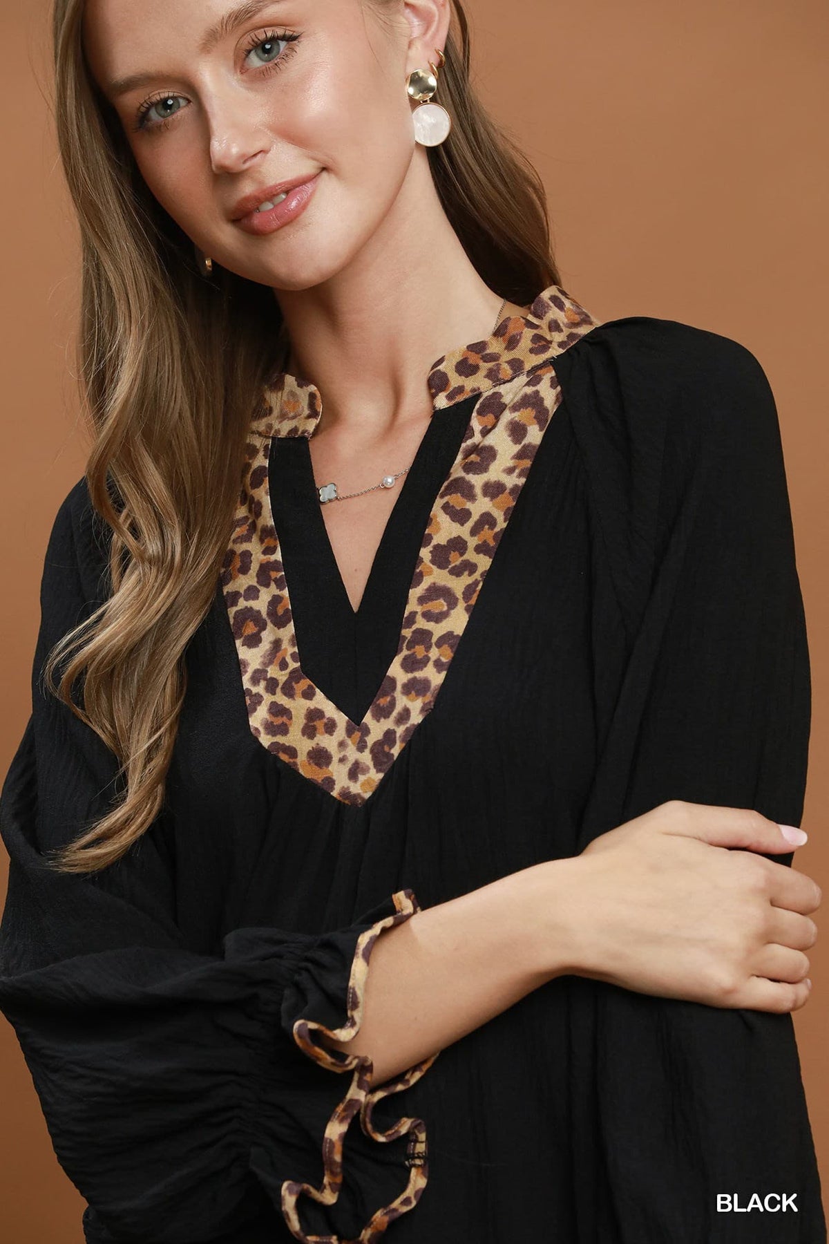 UMGEE Leopard Trim Puff Sleeve Top Black