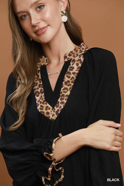 UMGEE Leopard Trim Puff Sleeve Top Black