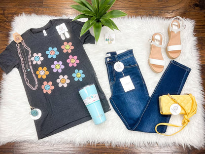 Multi Daisy Print Smiley Tee Heather Black