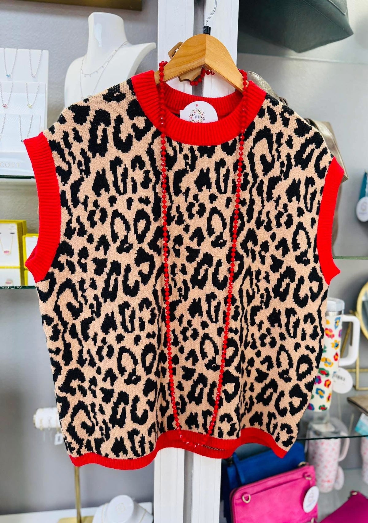 Leopard Red Trim Sweater Vest