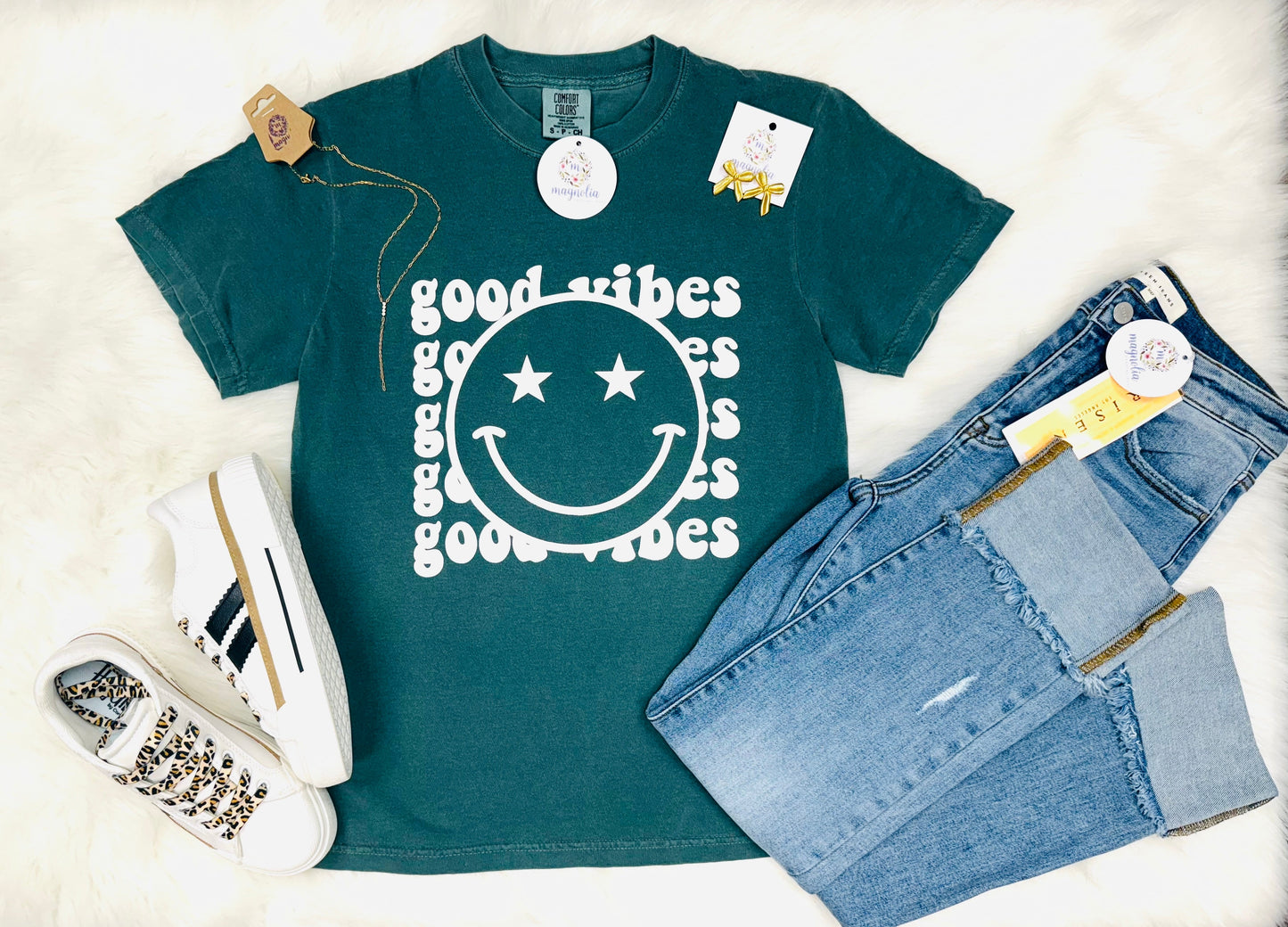Comfort Colors Good Vibes Star Smiley Spruce Tee
