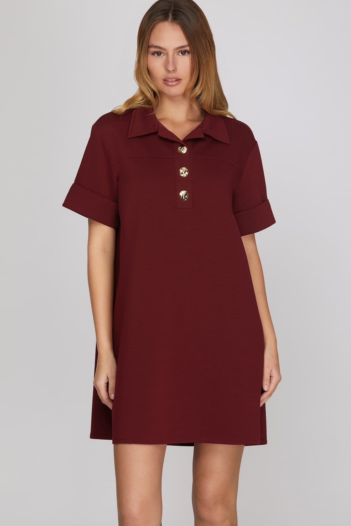 Wine Short Sleeve Shift Dress