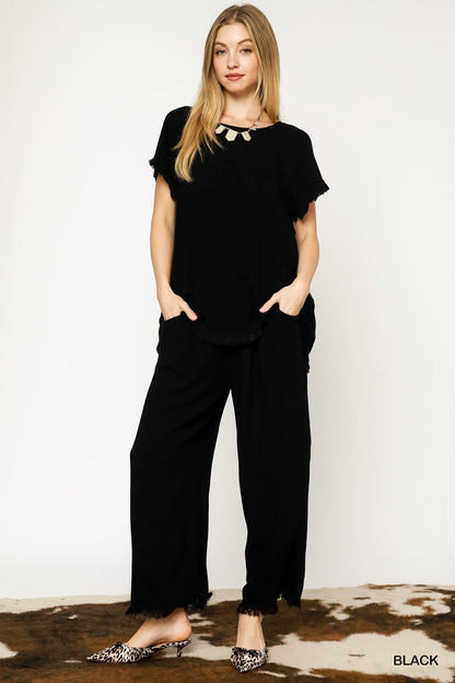 UMGEE Black Frayed Hem Wide Leg Pant