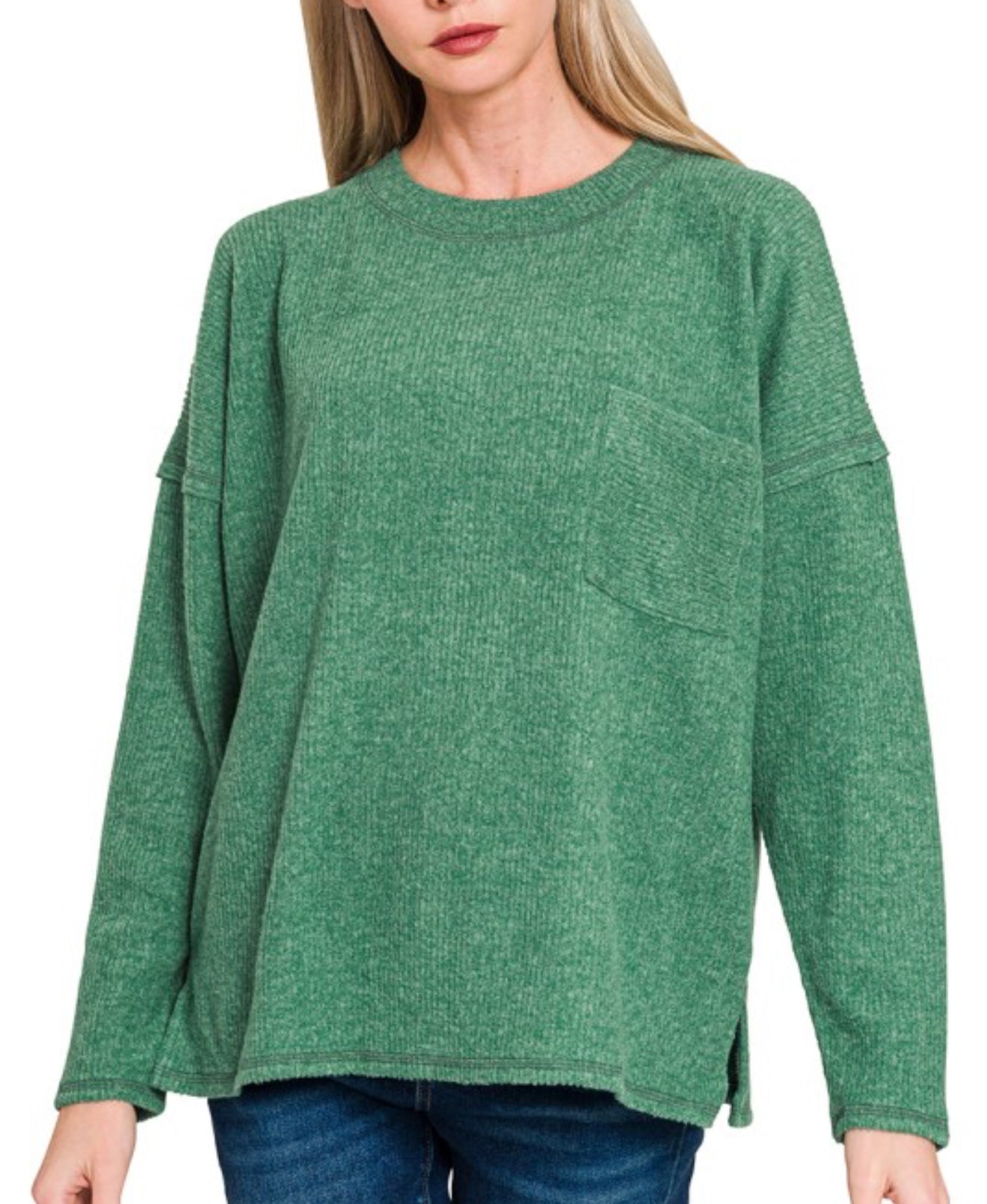 Ribbed Soft Pocket Sweater Green