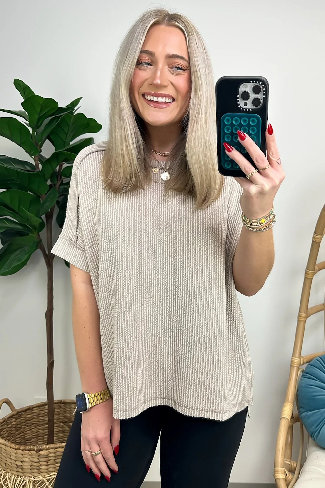 Corded Ribbed Cuffed Sleeve Top Beige