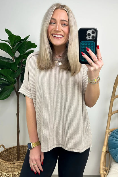 Corded Ribbed Cuffed Sleeve Top Beige