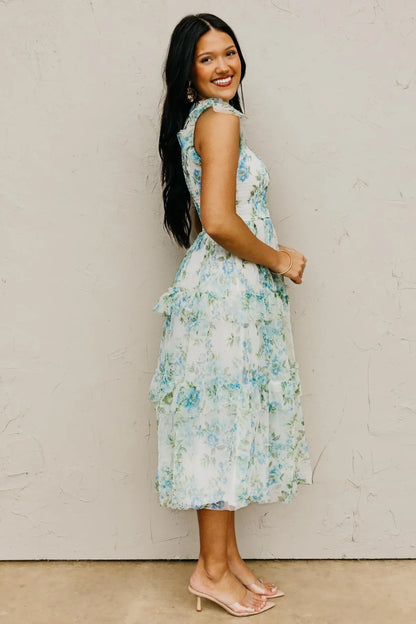 Blue Floral Ruffle Chiffon Dress