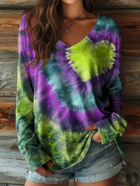 Ethnicity Love Tie Dye Women's Print Casual V-neck Long Sleeve T-shirt