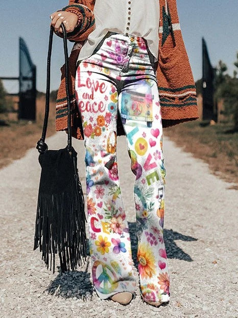 Women's Vintage Collage Art Print Casual Wide Leg Pants