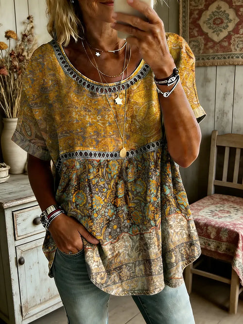 Women's Folk Floral Art Print Round Neck Short Sleeve Hollow-Out Shirt