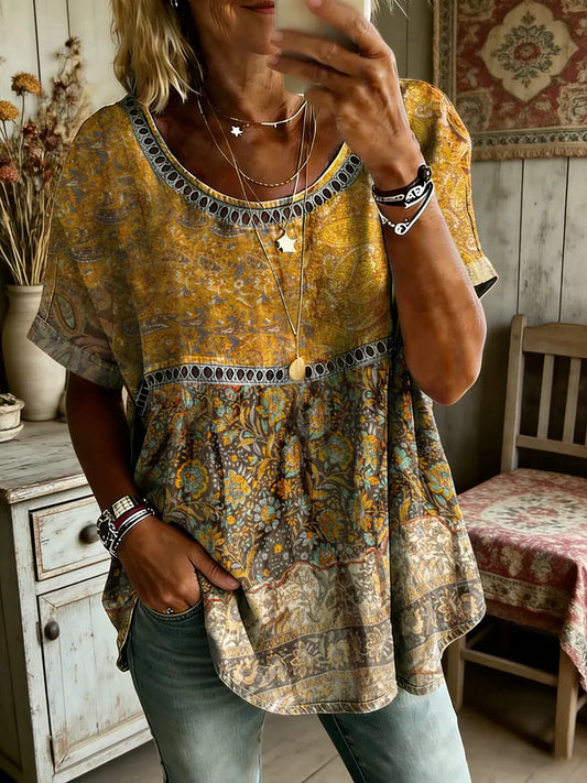Women's Folk Floral Art Print Round Neck Short Sleeve Hollow-Out Shirt