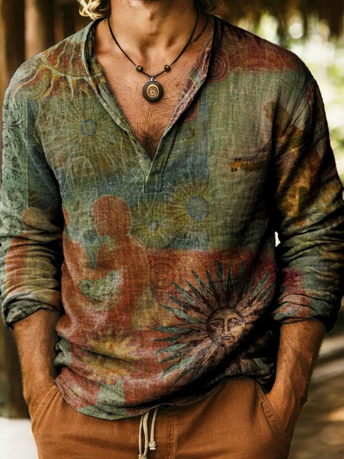 Retro Sun Abstract Ethnicity Weathered Look Men's Print Cotton And Linen Casual Shirt