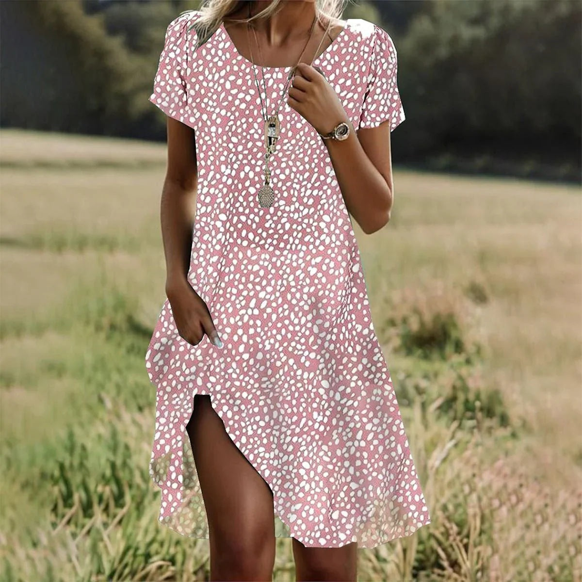 Chic Short Sleeve Polka Dot Green Midi Dress
