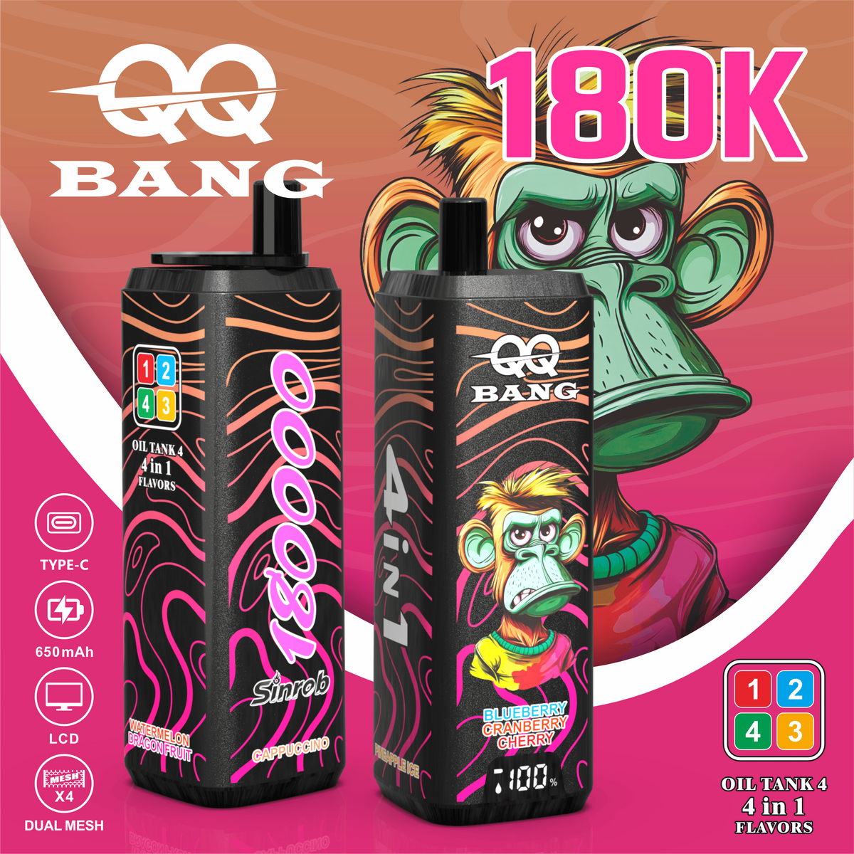 QQ Bang 180000 180K Puffs 4 In 1 Flavors LCD Display Rechargeable Disposable Vape