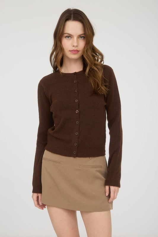 Classic Crew Neck Button Cardigan Chocolate
