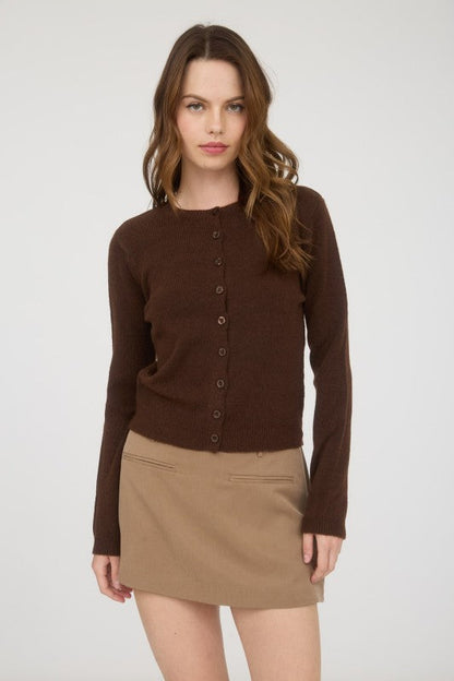 Classic Crew Neck Button Cardigan Chocolate