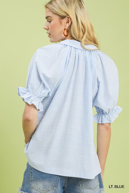 UMGEE Pinstripe Ruffle Sleeve Top Blue